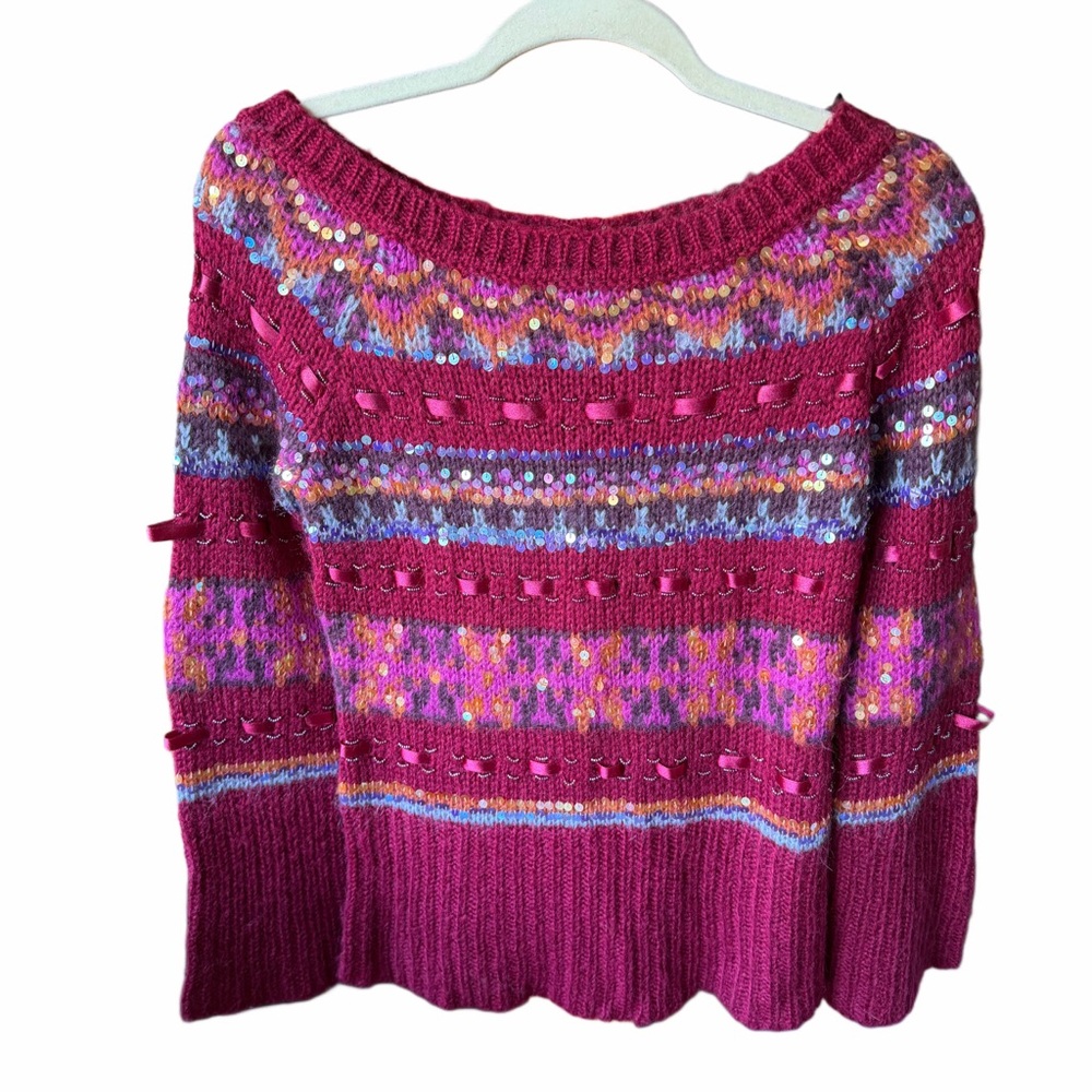 Moda International Fuchsia Multicolor Sequin Off-the-Shoulder Sweater